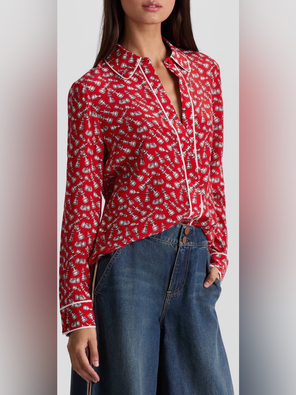 Alice + Olivia Willa Chess Piece Print Silk Button-Up Shirt - Picture 1 of 8